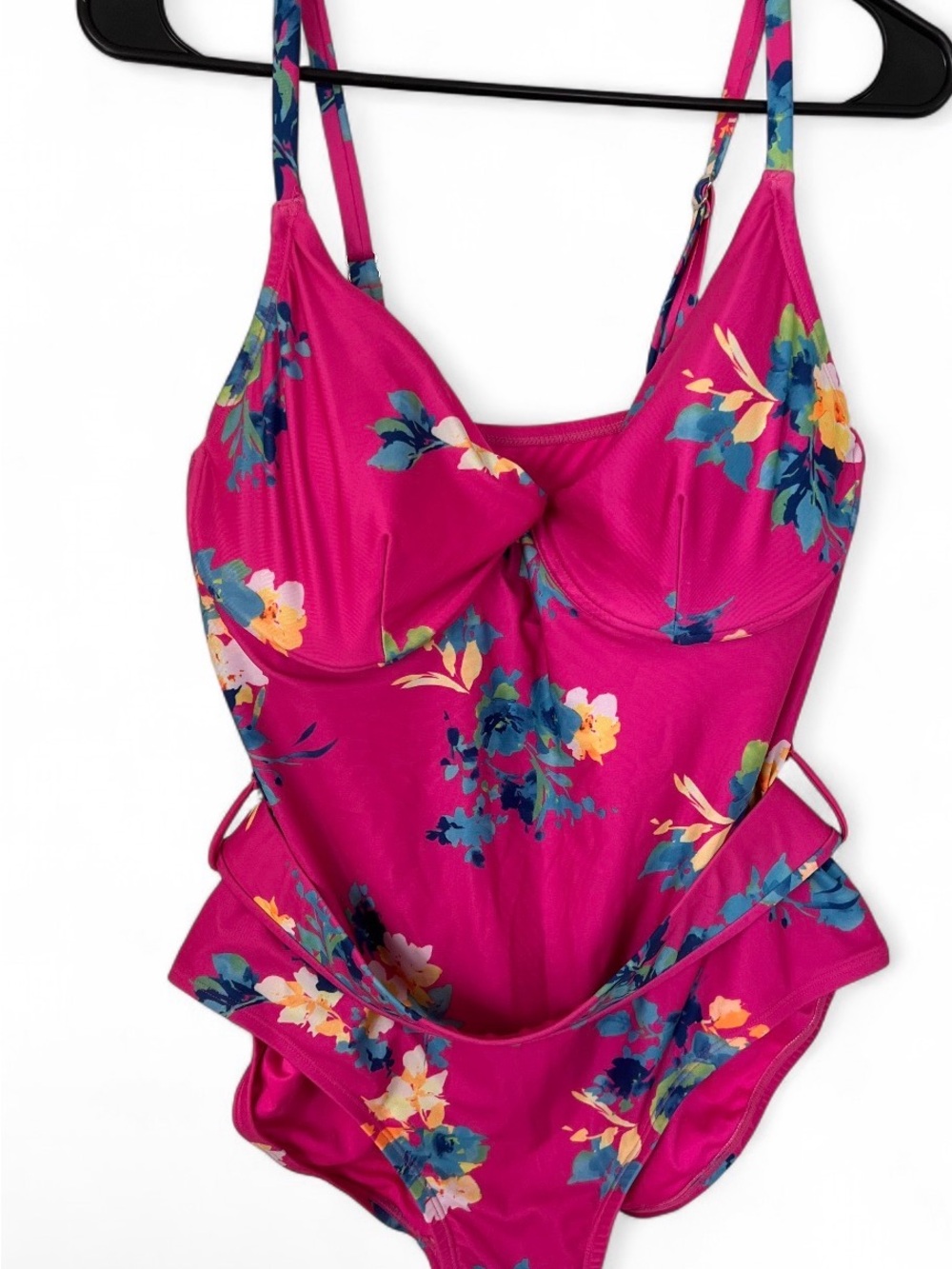 No Boundaries Hot Pink Floral Twist-Front One-Piece Swimsuit
